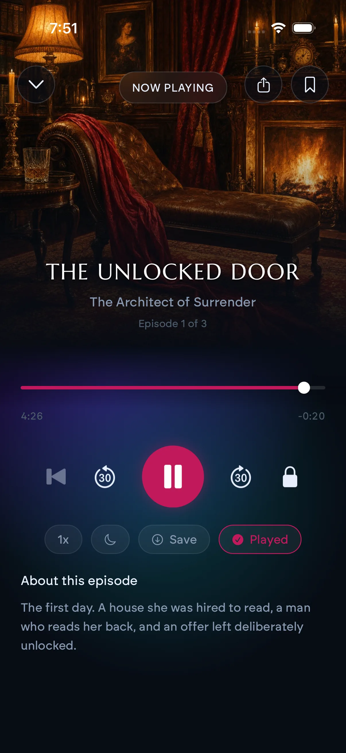 Scarla player with episode notes and playback controls